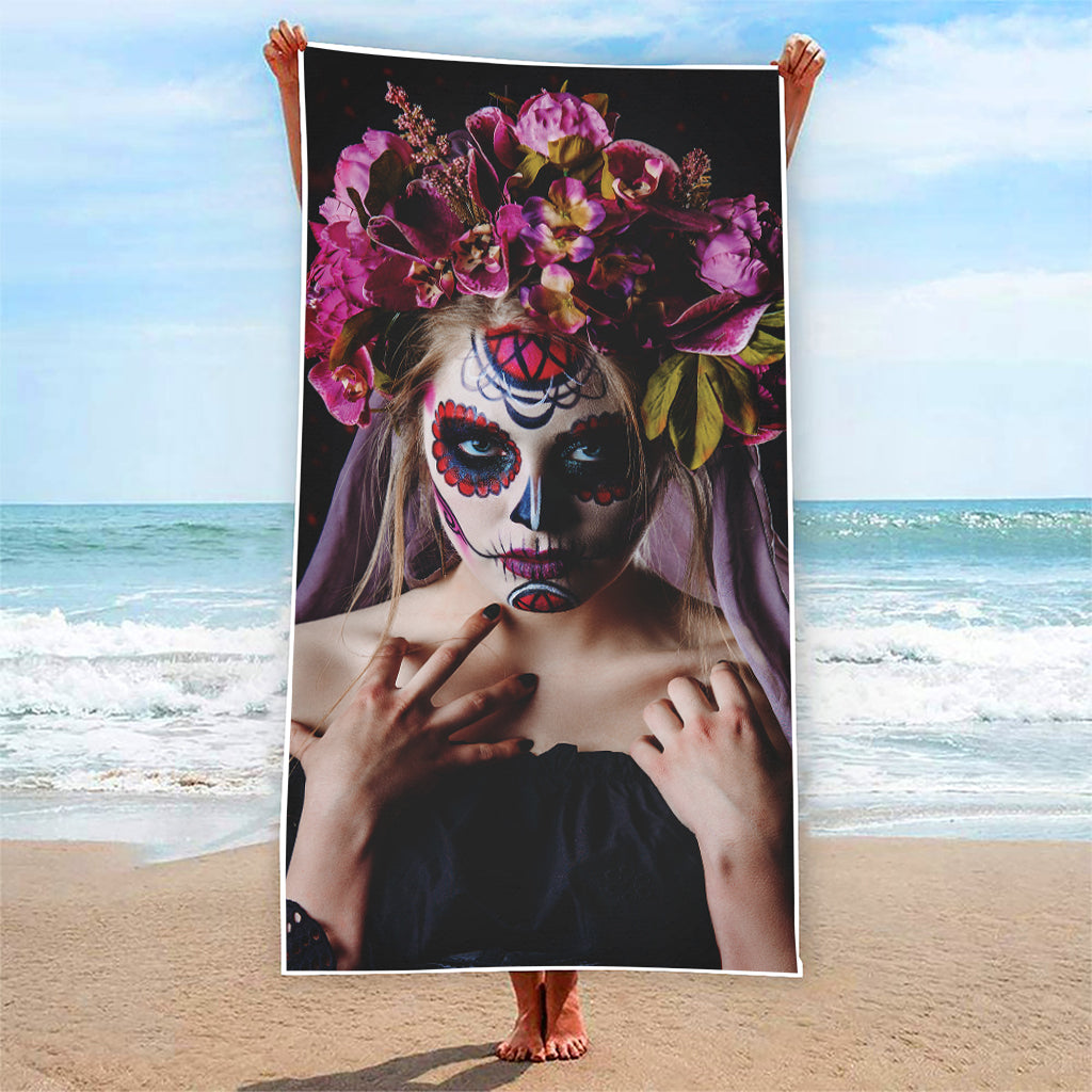 Calavera Girl Day of The Dead Print Beach Towel