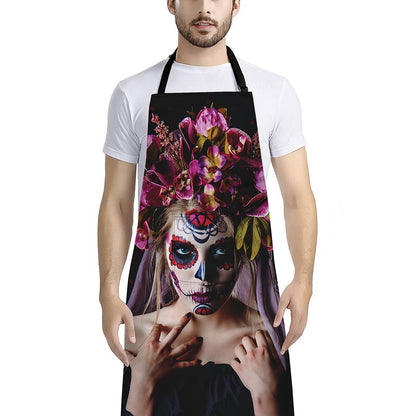 Calavera Girl Day of The Dead Print Bib Apron With Pocket