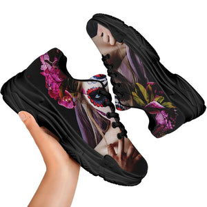 Calavera Girl Day of The Dead Print Black Chunky Shoes