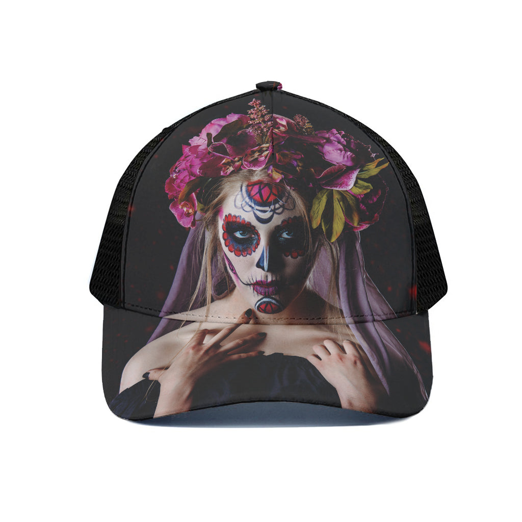 Calavera Girl Day of The Dead Print Black Mesh Trucker Cap