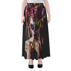 Calavera Girl Day of The Dead Print Chiffon Maxi Skirt