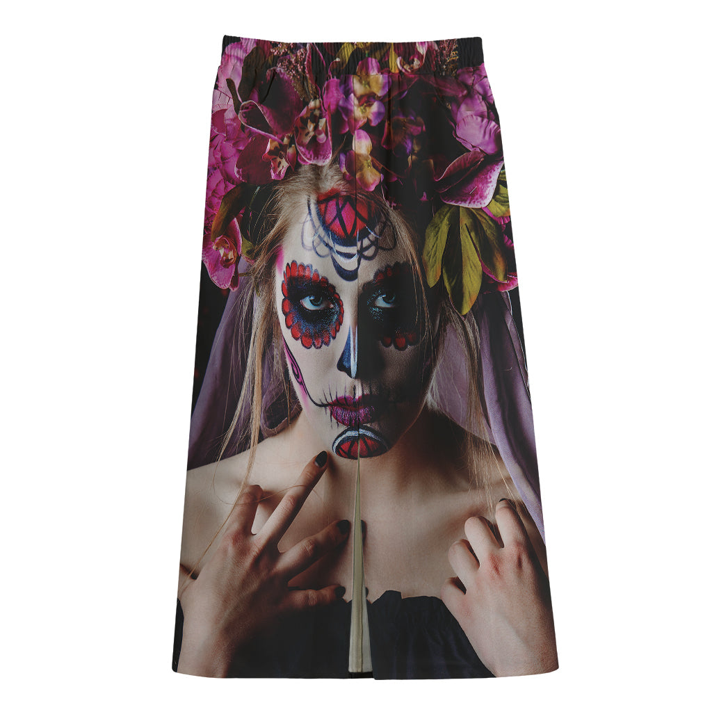 Calavera Girl Day of The Dead Print Cotton Front Slit Maxi Skirt