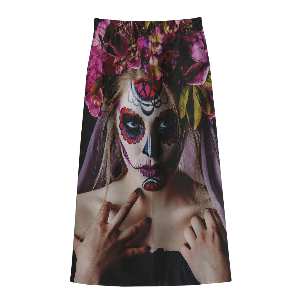 Calavera Girl Day of The Dead Print Cotton Front Slit Maxi Skirt