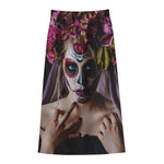 Calavera Girl Day of The Dead Print Cotton Front Slit Maxi Skirt