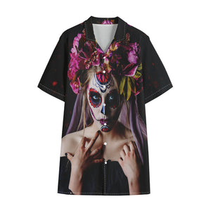 Calavera Girl Day of The Dead Print Cotton Hawaiian Shirt