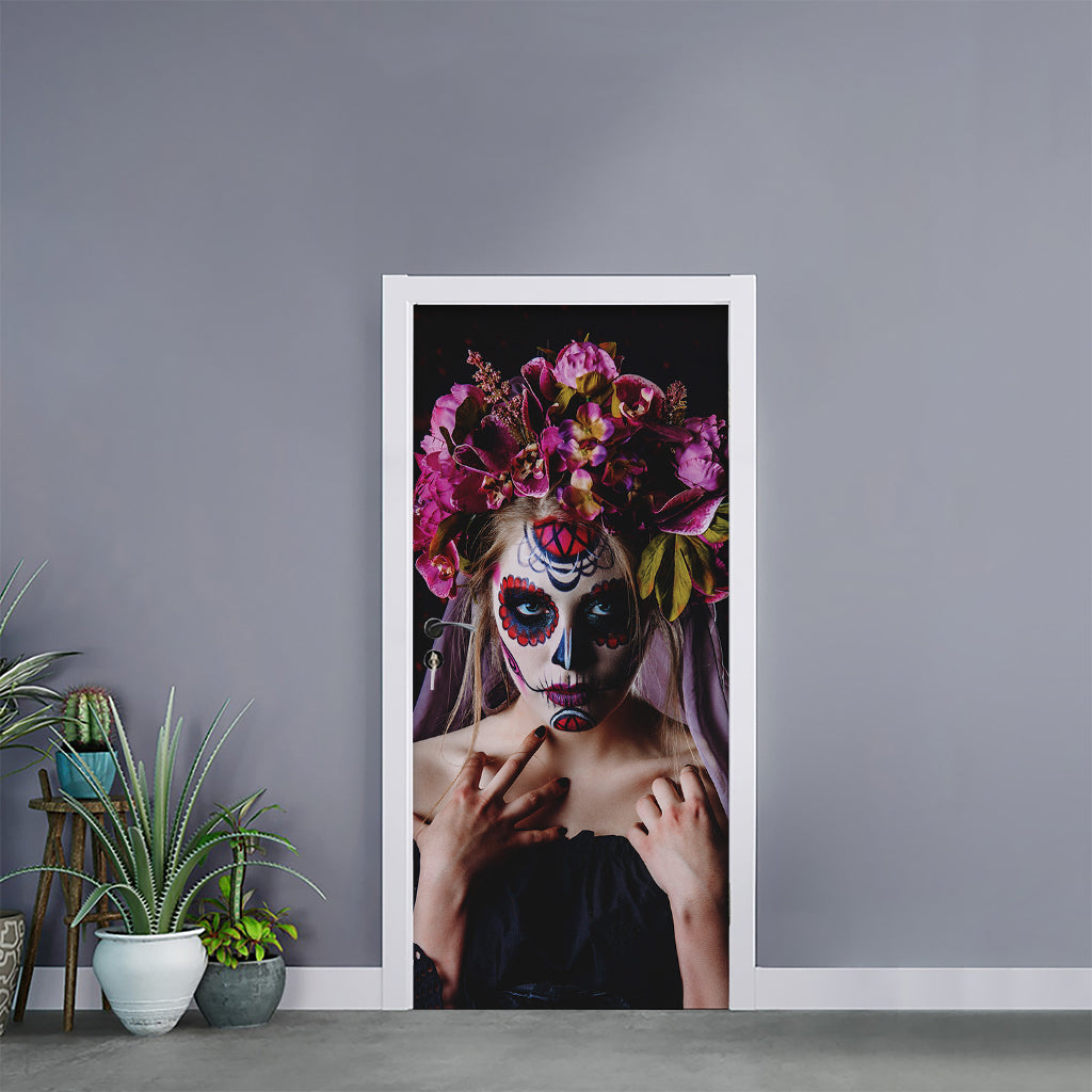 Calavera Girl Day of The Dead Print Door Sticker