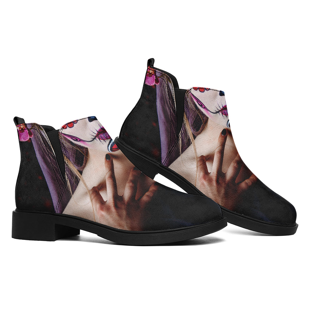 Calavera Girl Day of The Dead Print Flat Ankle Boots
