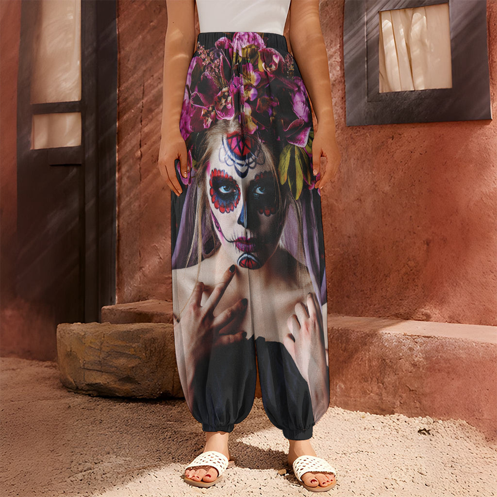 Calavera Girl Day of The Dead Print Harem Pants