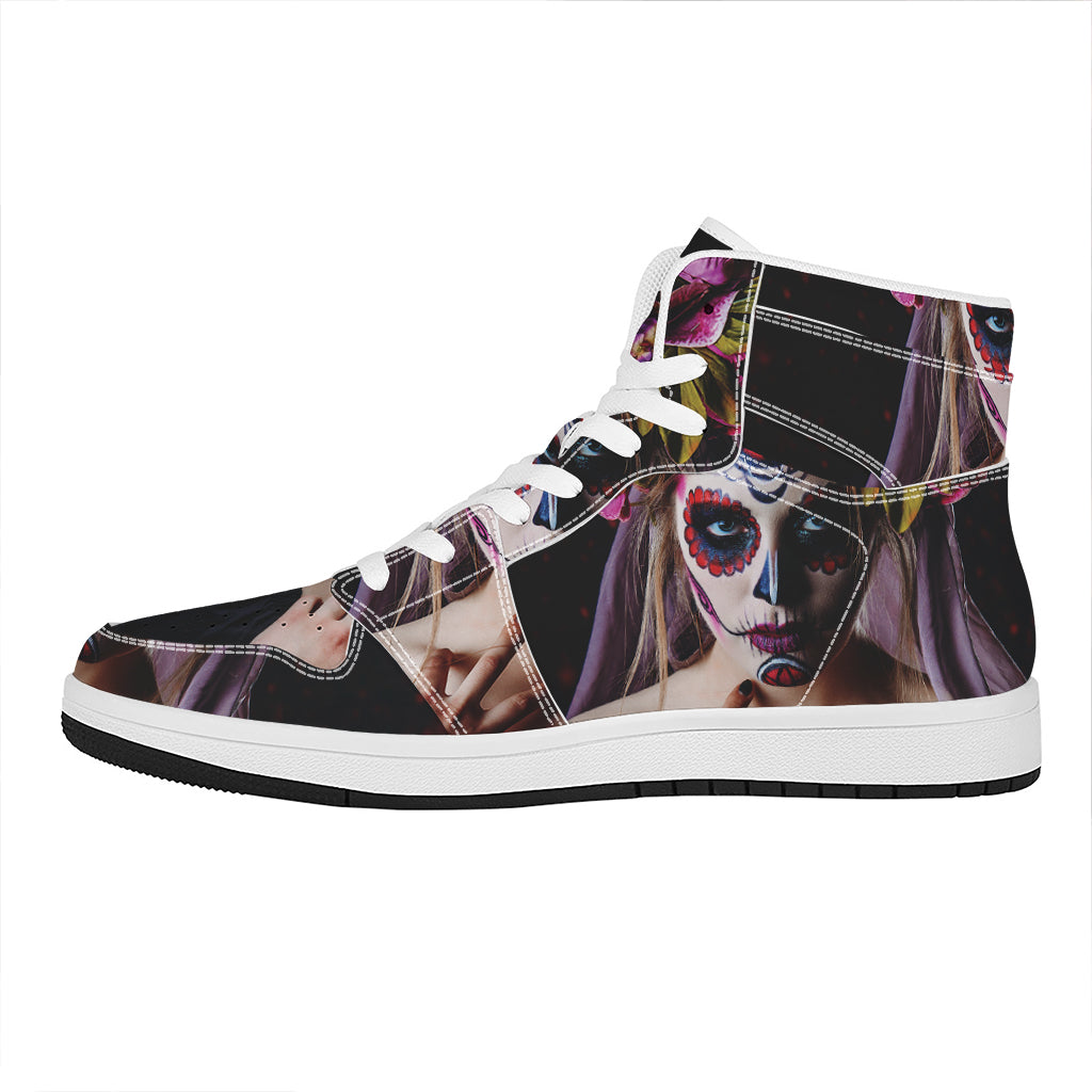 Calavera Girl Day of The Dead Print High Top Leather Sneakers