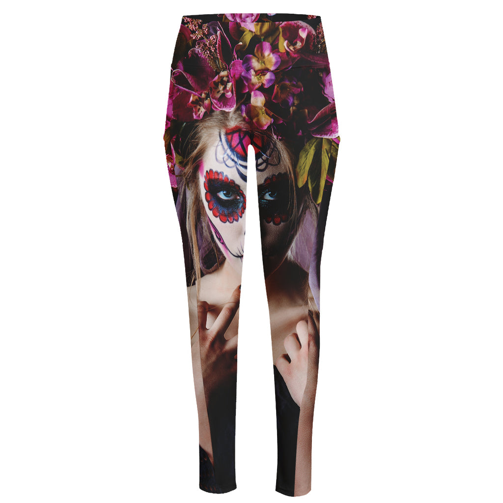 Calavera Girl Day of The Dead Print High-Waisted Pocket Leggings