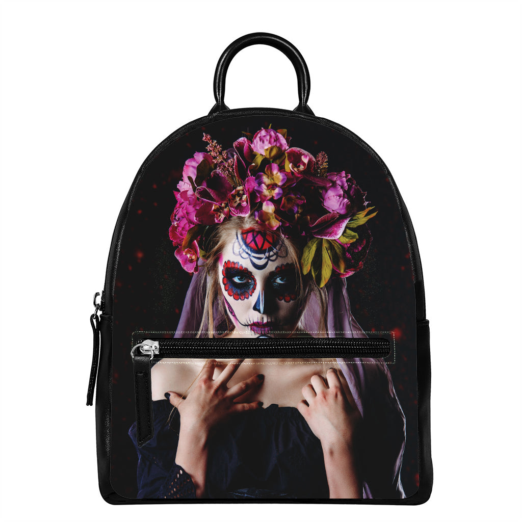 Calavera Girl Day of The Dead Print Leather Backpack