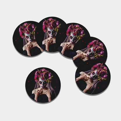 Calavera Girl Day of The Dead Print Leather Coaster Set