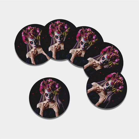 Calavera Girl Day of The Dead Print Leather Coaster Set