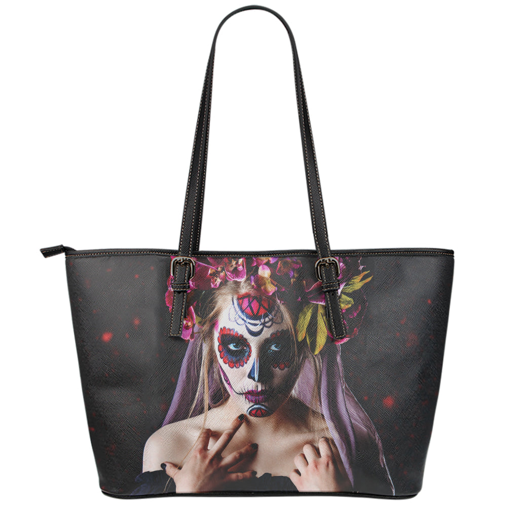 Calavera Girl Day of The Dead Print Leather Tote Bag