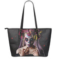 Calavera Girl Day of The Dead Print Leather Tote Bag With Zipper