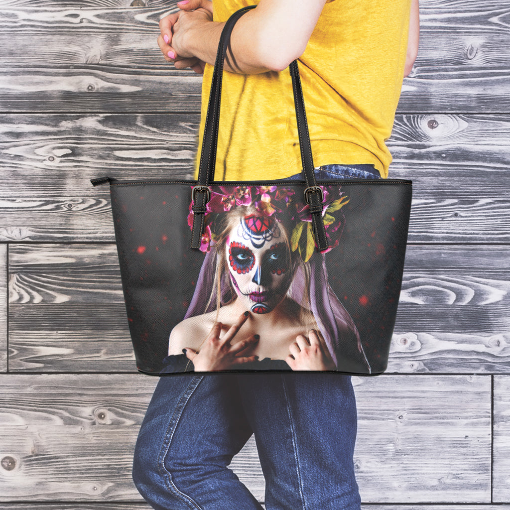 Calavera Girl Day of The Dead Print Leather Tote Bag
