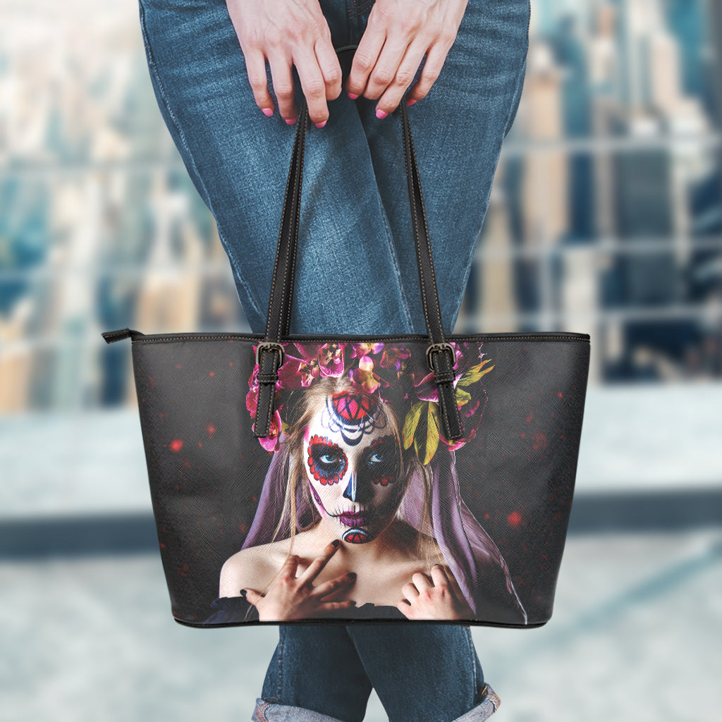 Calavera Girl Day of The Dead Print Leather Tote Bag