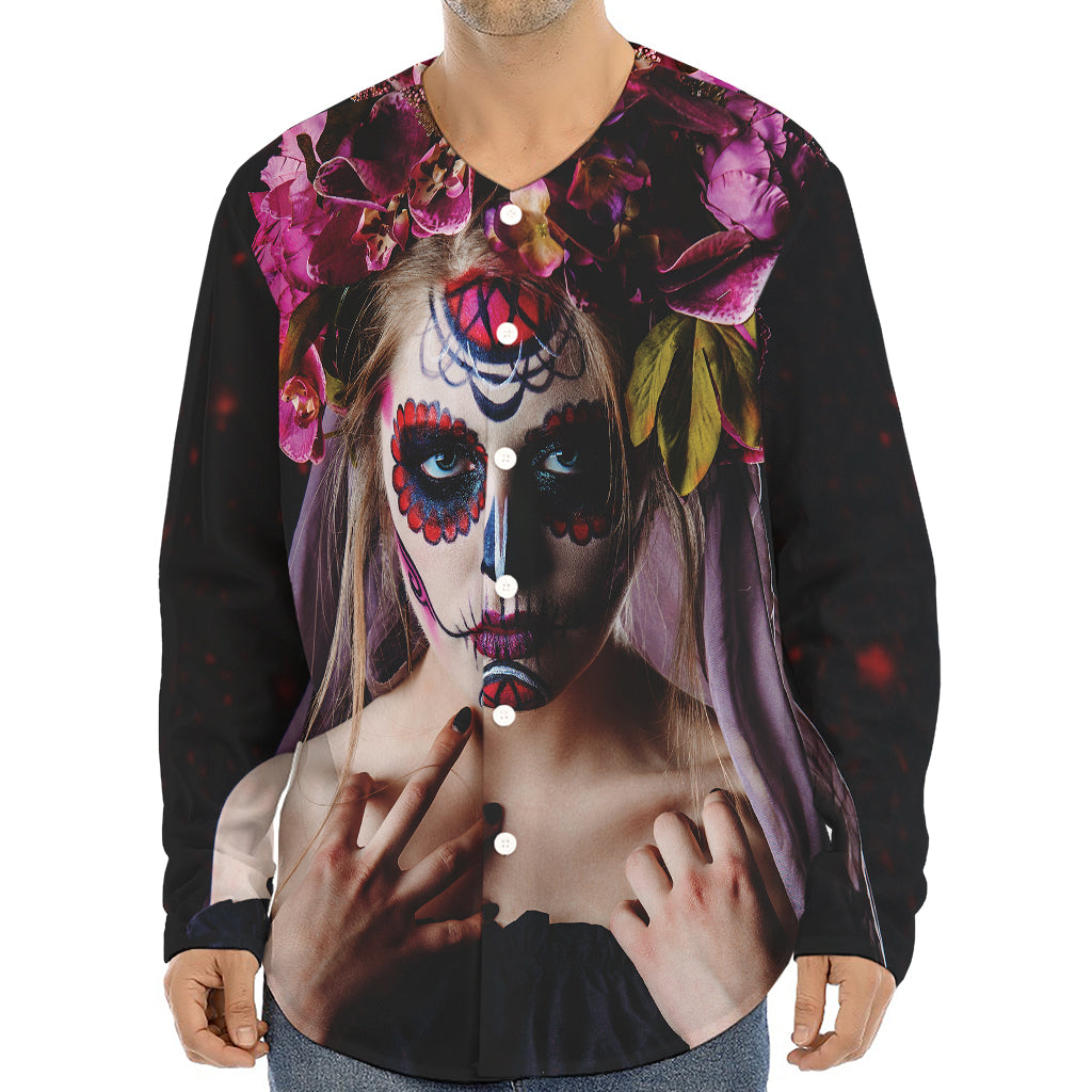 Calavera Girl Day of The Dead Print Long Sleeve Baseball Jersey