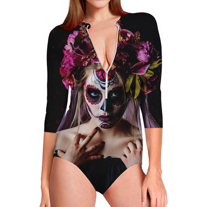 Calavera Girl Day of The Dead Print Long Sleeve Swimsuit