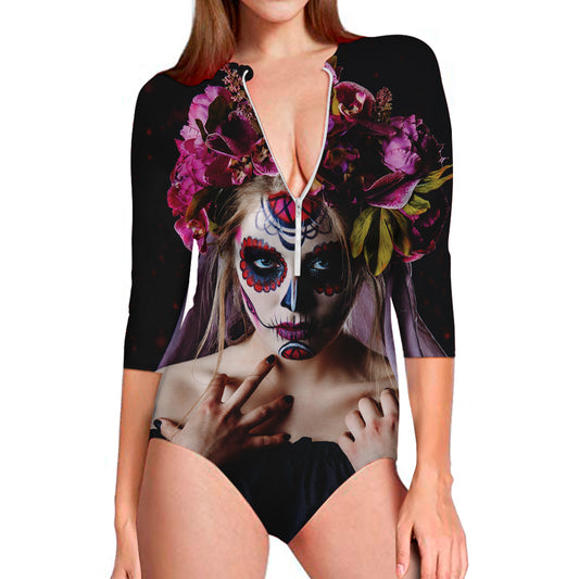 Calavera Girl Day of The Dead Print Long Sleeve Swimsuit