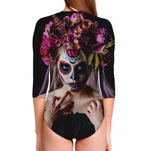 Calavera Girl Day of The Dead Print Long Sleeve Swimsuit