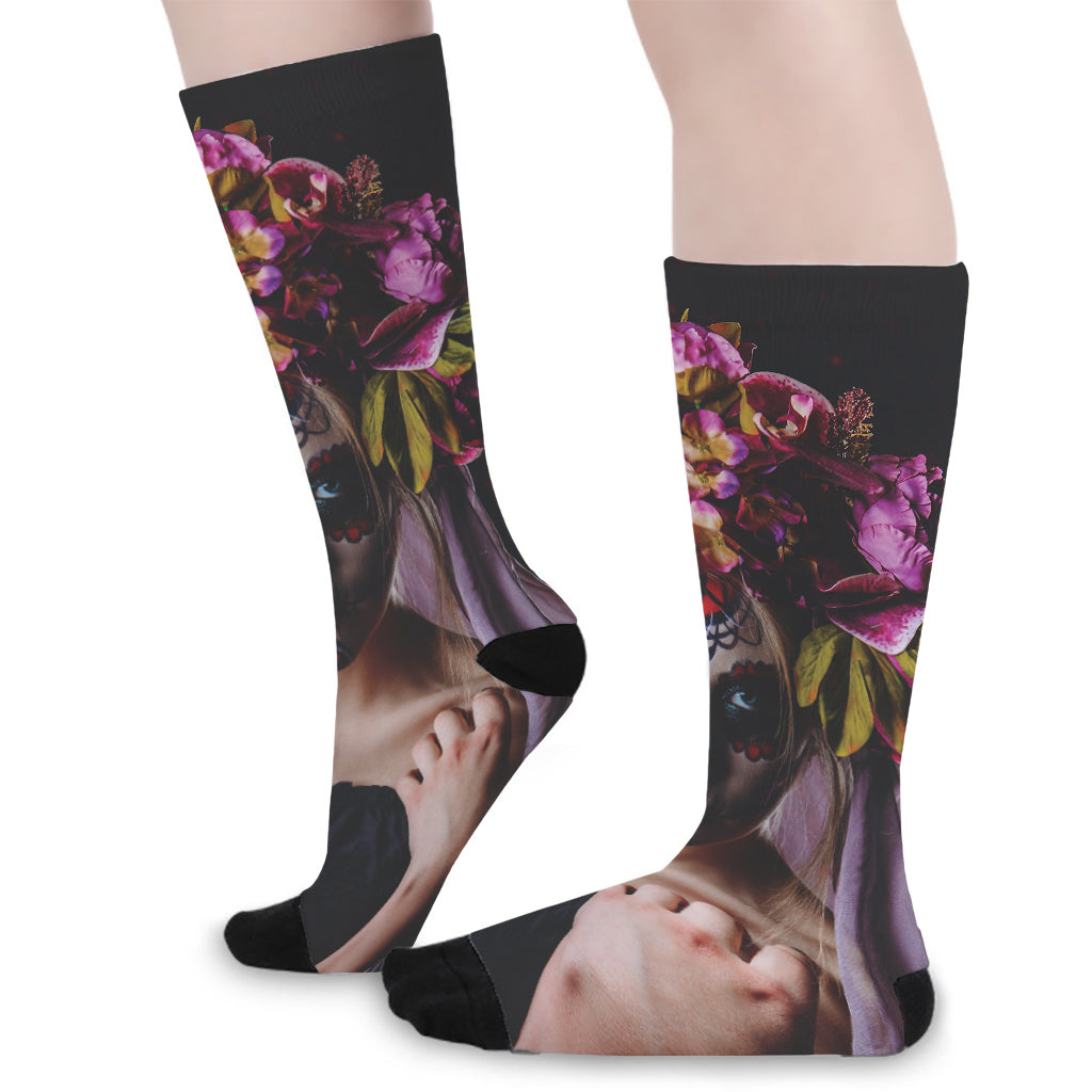 Calavera Girl Day of The Dead Print Long Socks