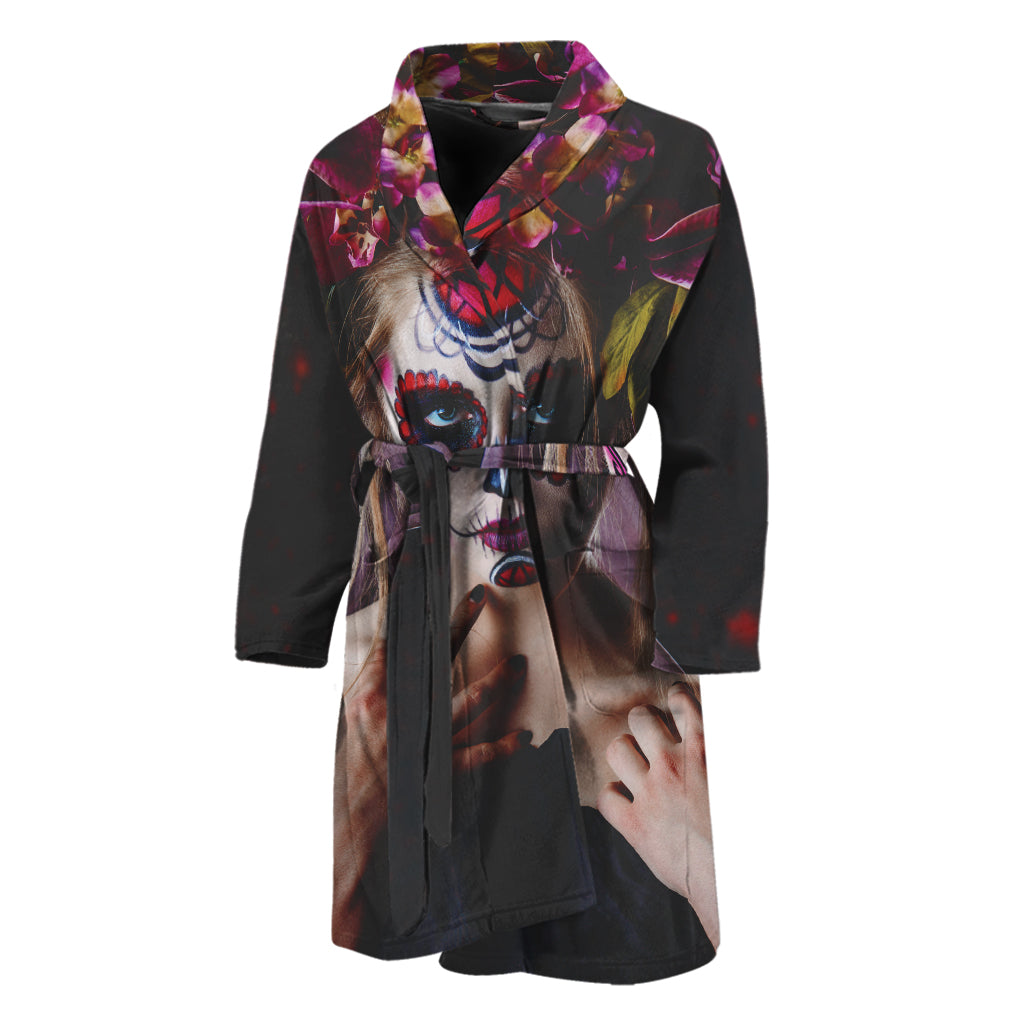 Calavera Girl Day of The Dead Print Men's Bathrobe
