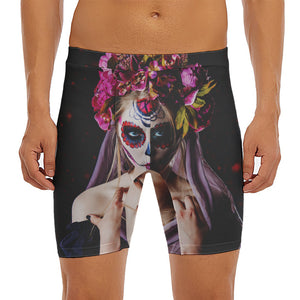 Calavera Girl Day of The Dead Print Men's Long Boxer Briefs