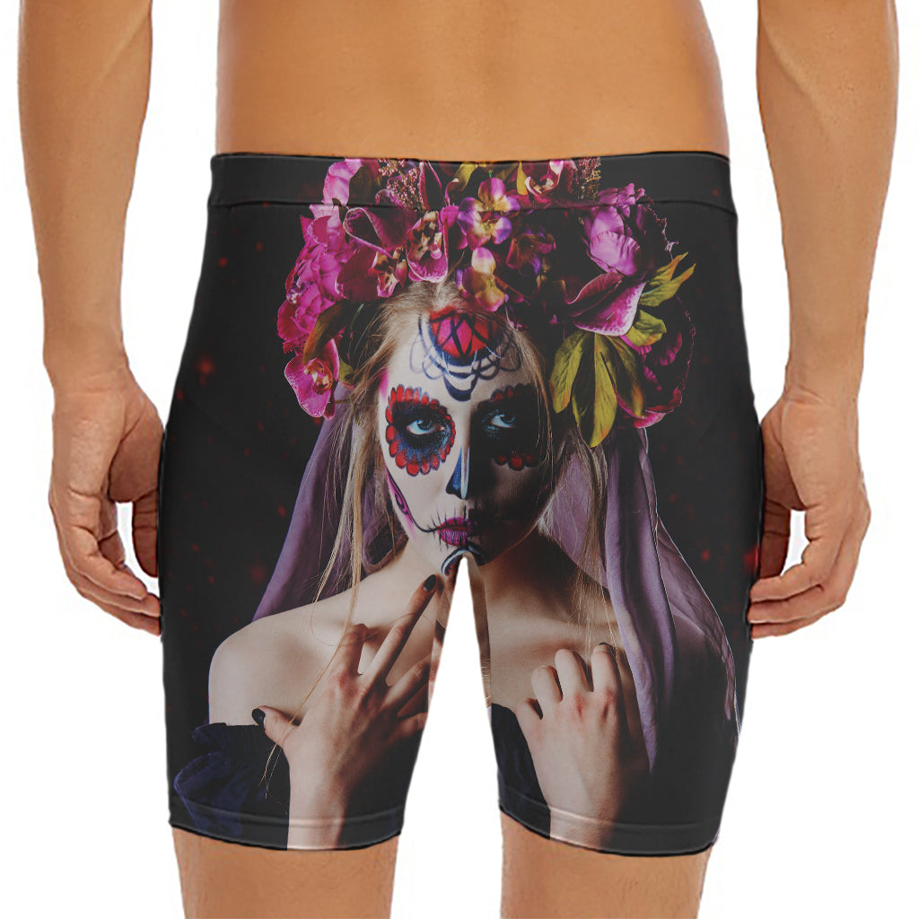 Calavera Girl Day of The Dead Print Men's Long Boxer Briefs