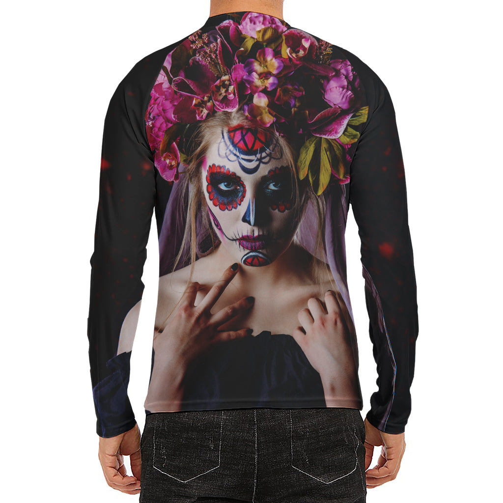 Calavera Girl Day of The Dead Print Men's Long Sleeve Rash Guard