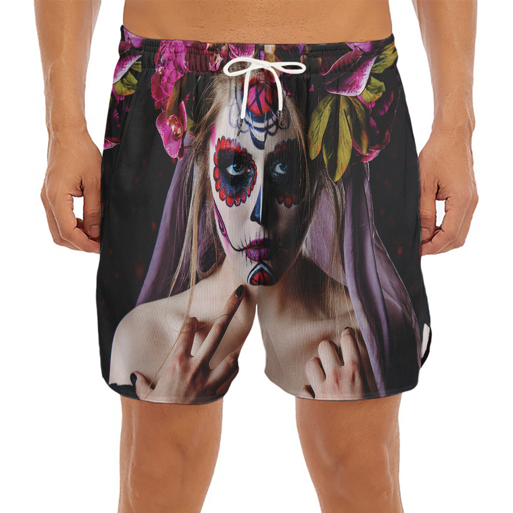 Calavera Girl Day of The Dead Print Men's Split Running Shorts