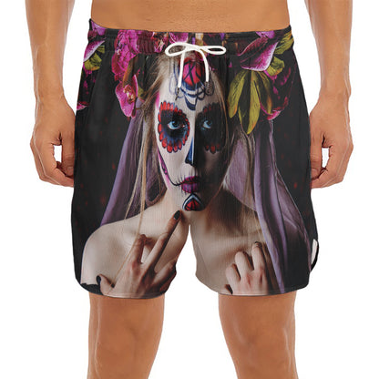 Calavera Girl Day of The Dead Print Men's Split Running Shorts