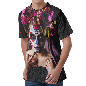 Calavera Girl Day of The Dead Print Men's Velvet T-Shirt