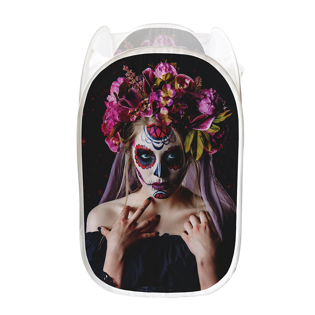 Calavera Girl Day of The Dead Print Mesh Laundry Hamper