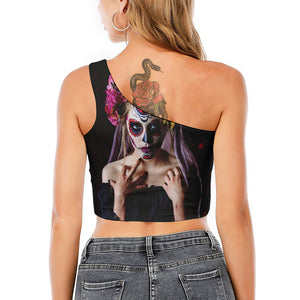 Calavera Girl Day of The Dead Print One Shoulder Crop Top