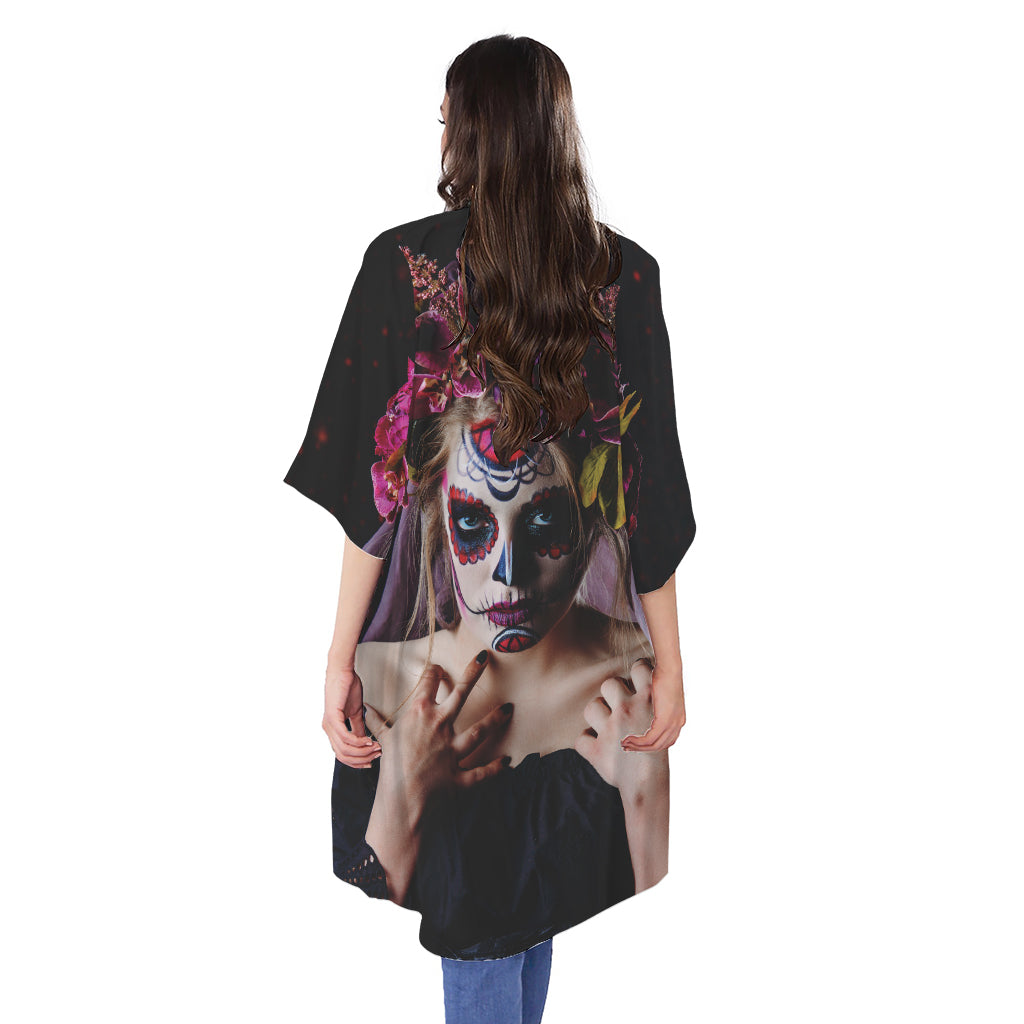 Calavera Girl Day of The Dead Print Open Front Beach Cover Up