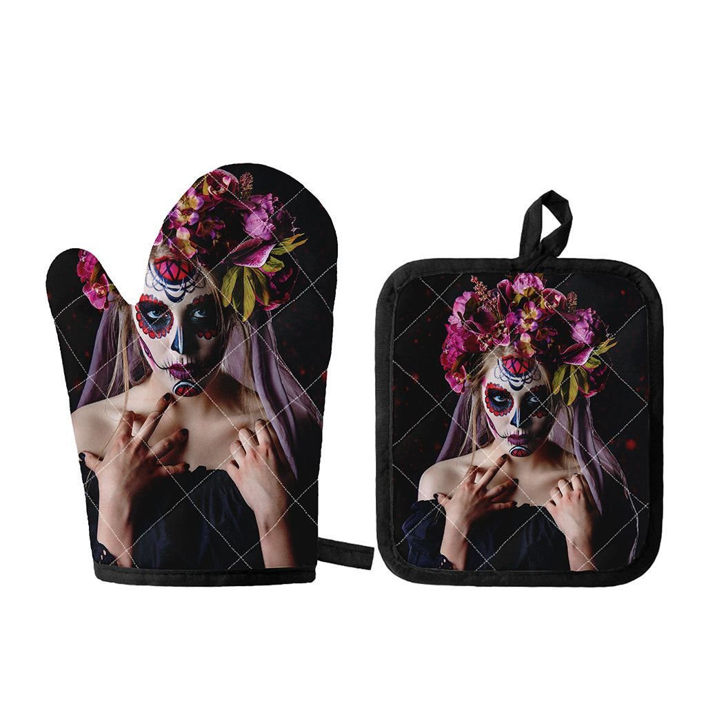 Calavera Girl Day of The Dead Print Oven Mitt And Pot Holder Set