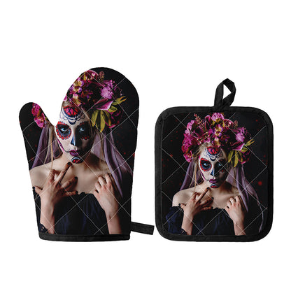 Calavera Girl Day of The Dead Print Oven Mitt And Pot Holder Set