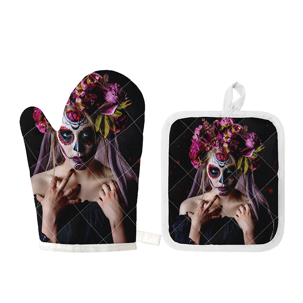 Calavera Girl Day of The Dead Print Oven Mitt And Pot Holder Set