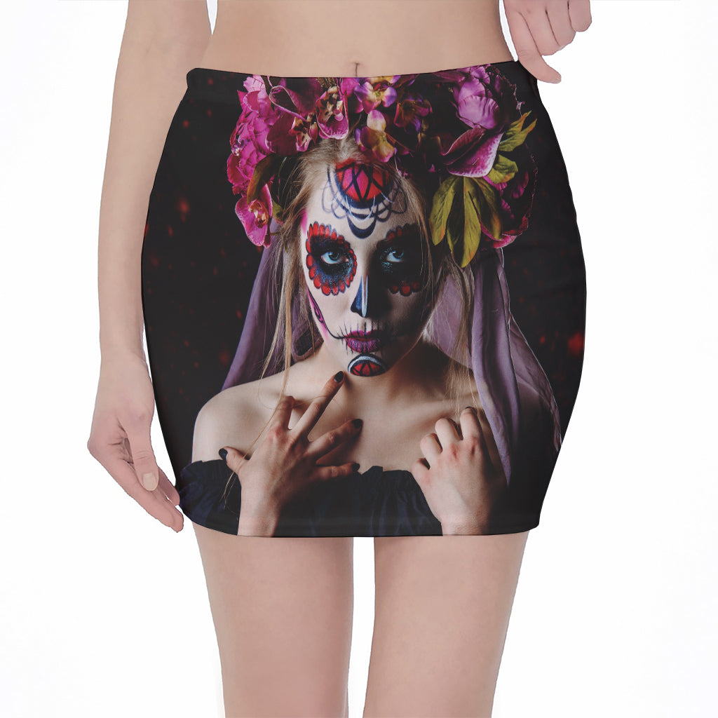 Calavera Girl Day of The Dead Print Pencil Mini Skirt