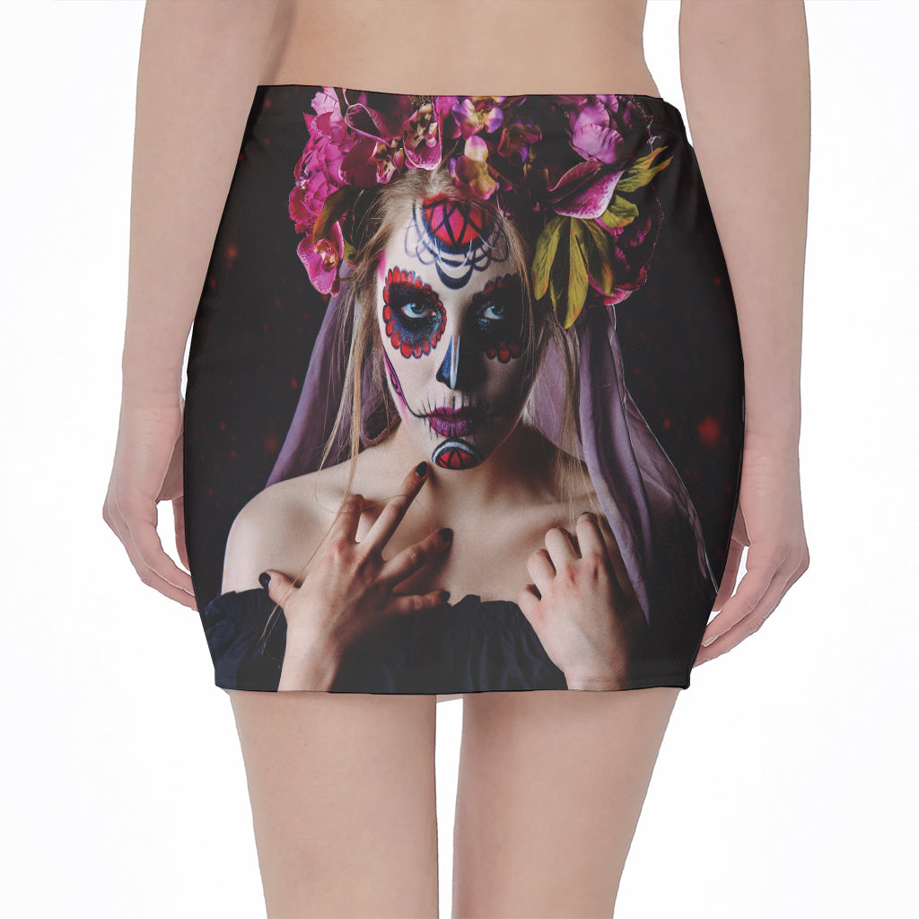 Calavera Girl Day of The Dead Print Pencil Mini Skirt