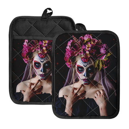 Calavera Girl Day of The Dead Print Pot Holders With Pocket