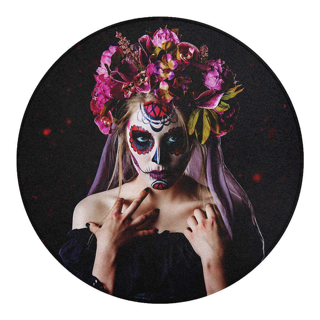 Calavera Girl Day of The Dead Print Round Blanket