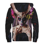 Calavera Girl Day of The Dead Print Sherpa Lined Zip Up Hoodie