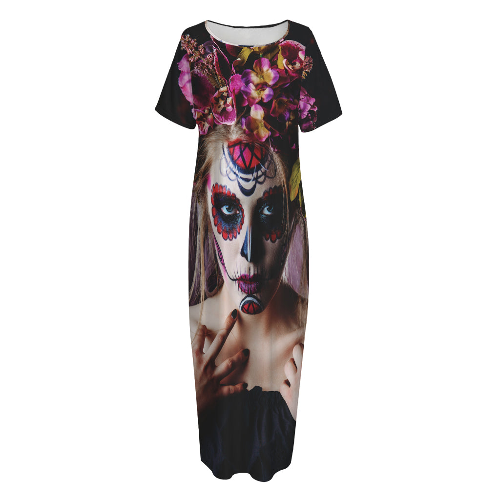 Calavera Girl Day of The Dead Print Short Sleeve Long Nightdress