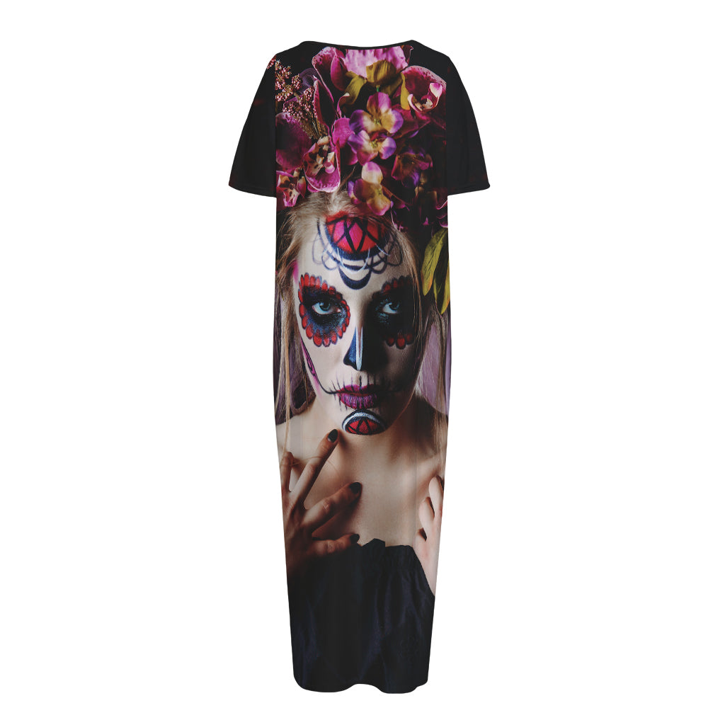 Calavera Girl Day of The Dead Print Short Sleeve Long Nightdress