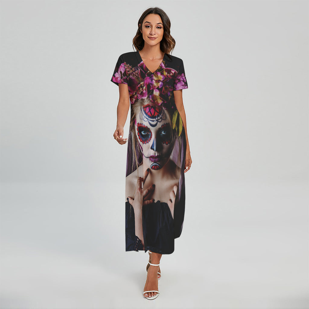 Calavera Girl Day of The Dead Print Short Sleeve Maxi Dress