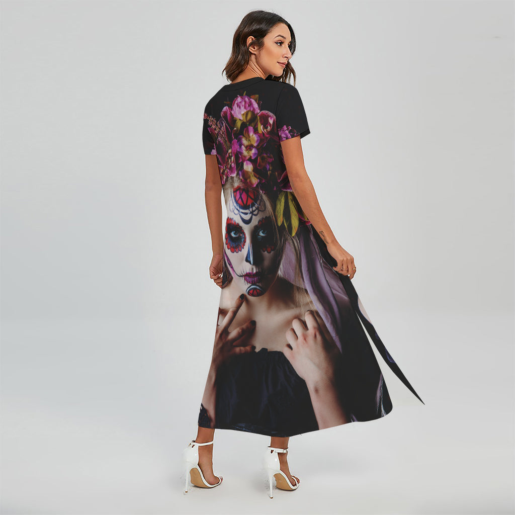 Calavera Girl Day of The Dead Print Short Sleeve Maxi Dress