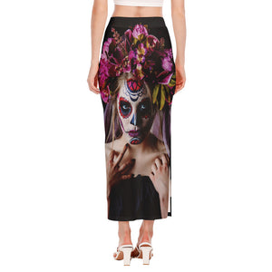 Calavera Girl Day of The Dead Print Side Slit Maxi Skirt