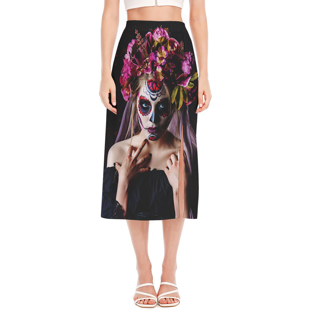 Calavera Girl Day of The Dead Print Side Slit Midi Skirt